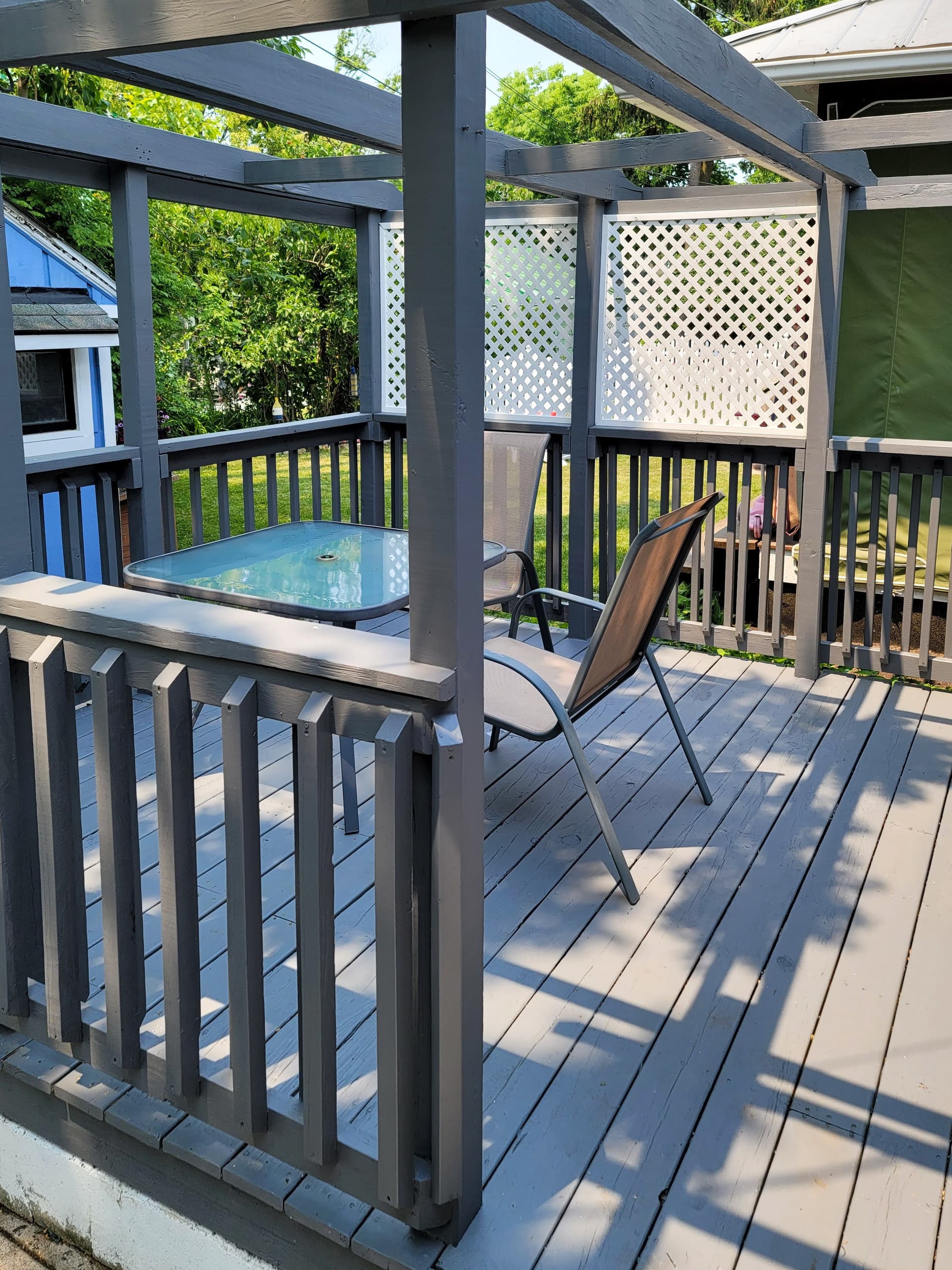 The back deck in dappled afternoon light