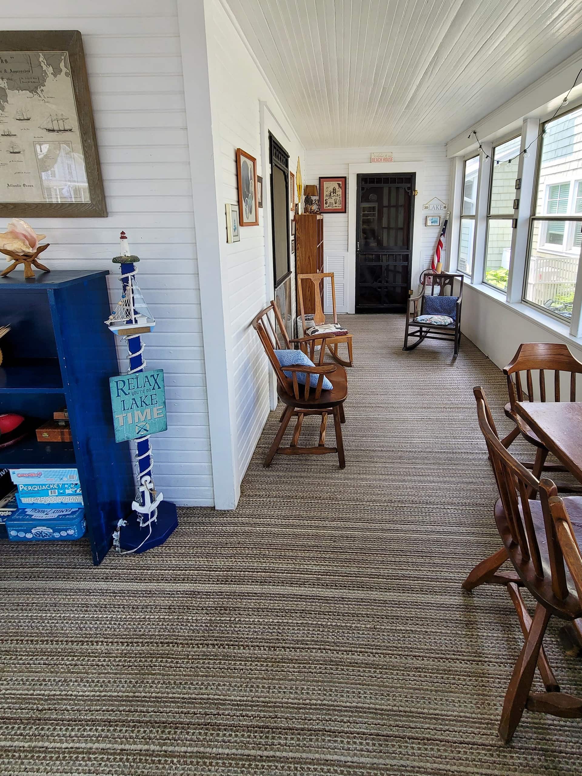 Looking down the length of the enclosed porch